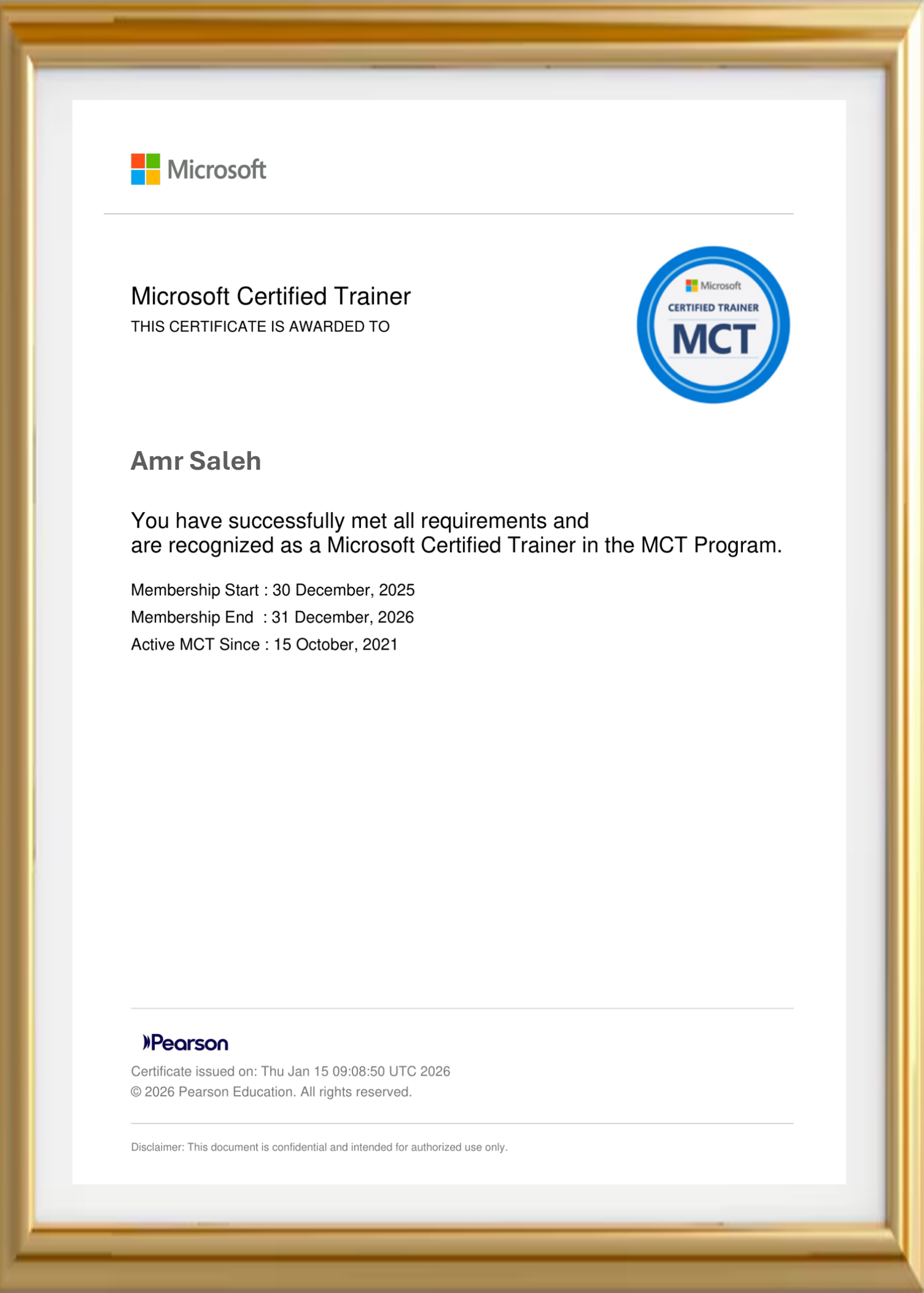 Amr Saleh — Microsoft Certified Trainer (MCT), membership 30 December 2025–31 December 2026; active since 15 October 2021